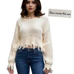 Cropped Sweater Cream Knit Oversized Frayed Women's M/L Grunge Thrashed Event